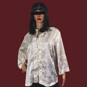 Vintage Notations mandarin collar white satin jacquard top
